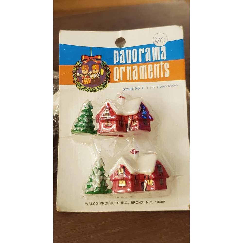 Vintage Panorama Christmas Decoration Ornaments - New Old Stock house/snow/tree